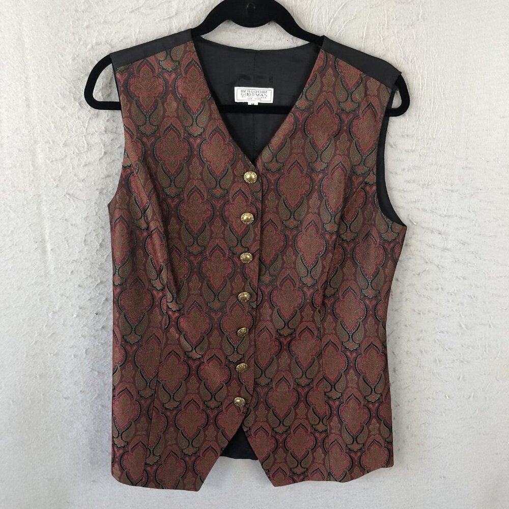 Vintage Bergdorf Goodman Vest Womens Medium Brocade Paisley Button Up USA 90s